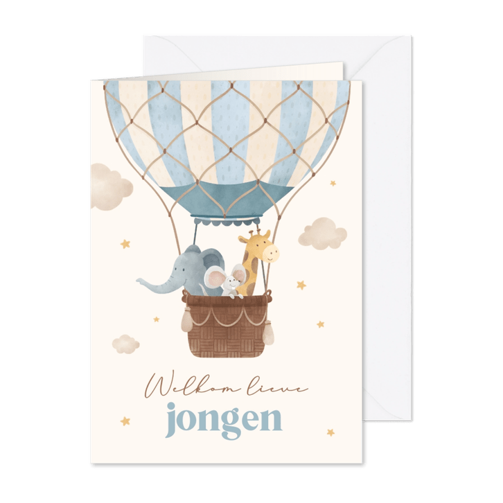 Felicitatiekaartje geboorte jongen luchtballon dieren
