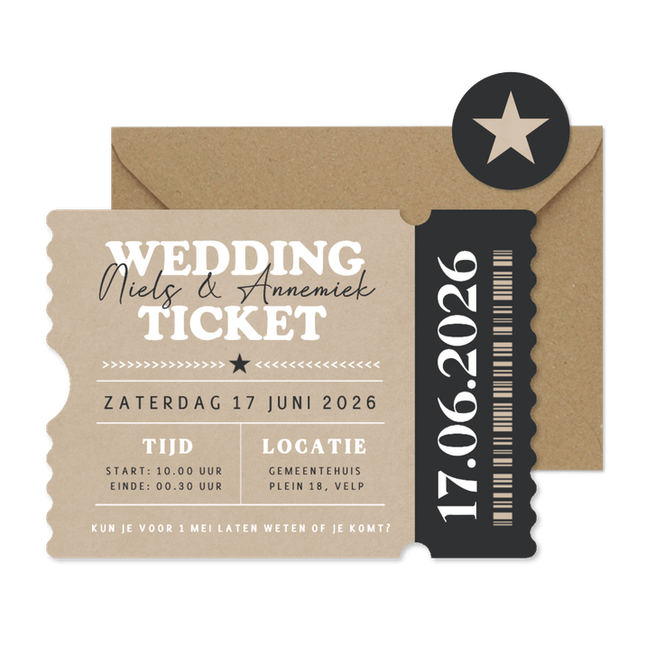 Festival wedding ticket uitnodiging in echte ticket vorm