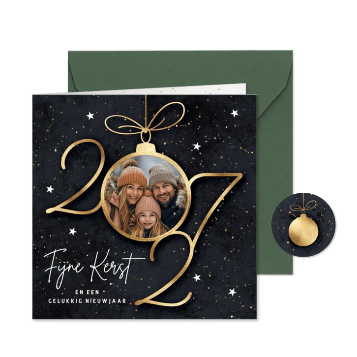 Foto kerstkaart 2027 gouden kerstbal sterren