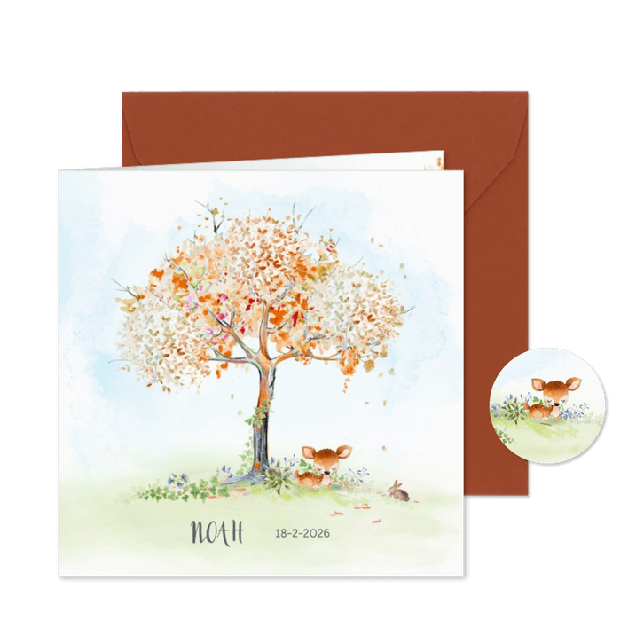 Geboortekaart hertje boom herfst