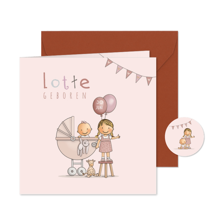 Geboortekaart zusje kinderwagen