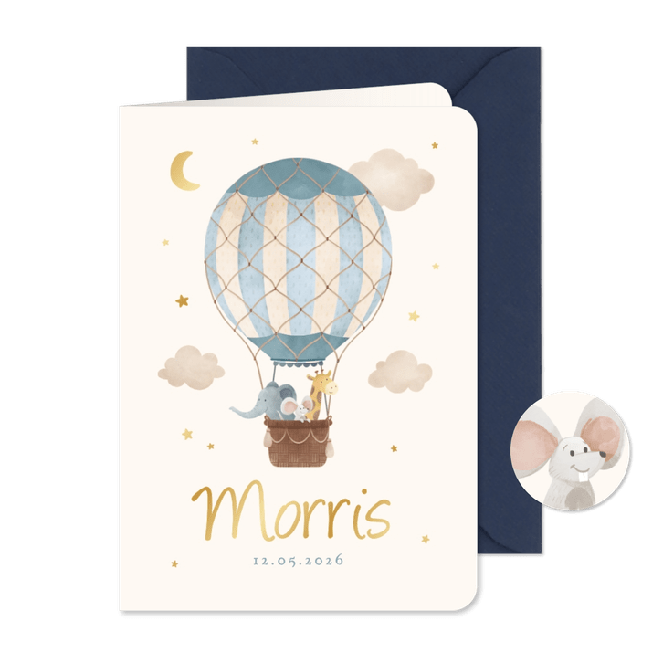 Geboortekaartje blauwe luchtballon dieren vintage sterren