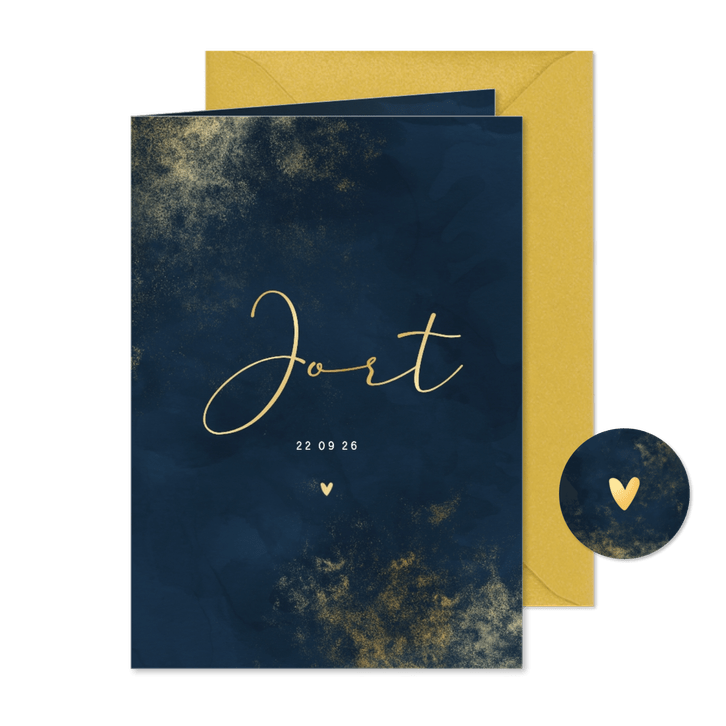 Geboortekaartje blauwe waterverf met gouden poeder