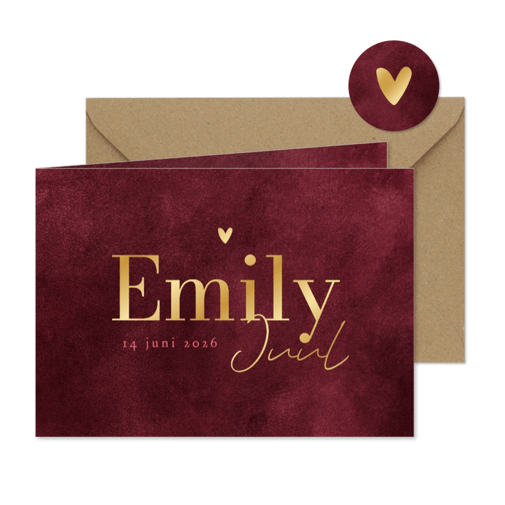 Geboortekaartje velvet robijn roze natuurlijk hartje goud