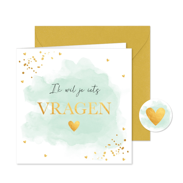 Getuigekaart waterverf mintgroen hartjes goudlook