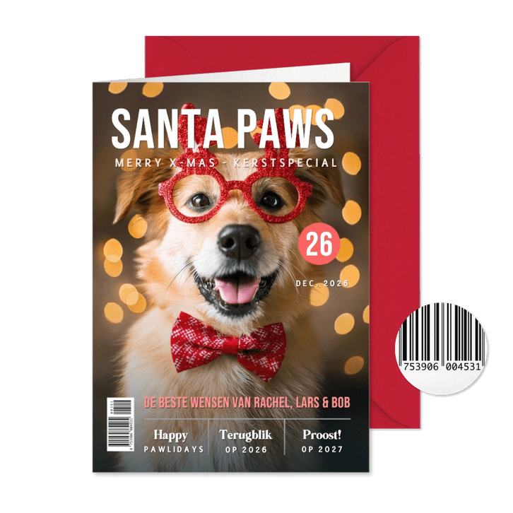 Grappige huisdier kerstkaart hond kat in tijdschrift stijl