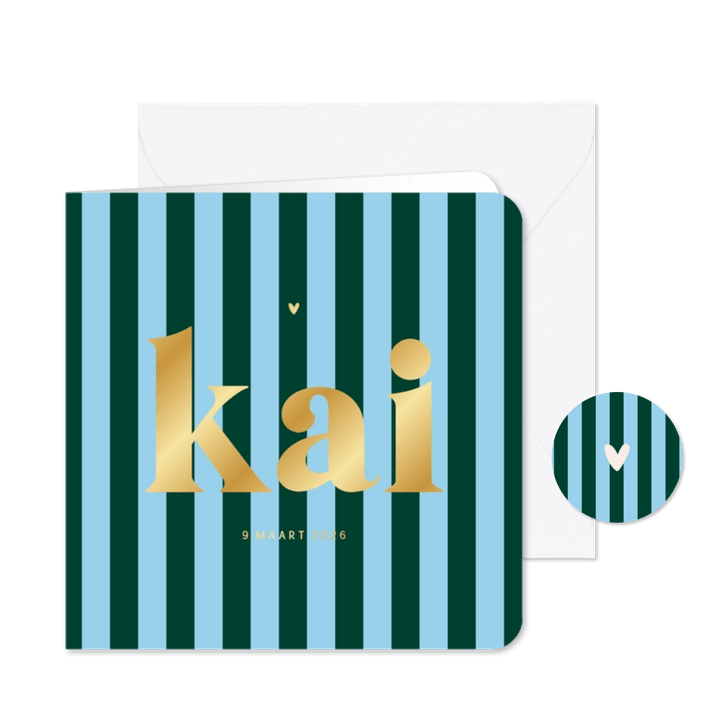 Hip trendy geboortekaartje gestreept blauwgroen hartje goud