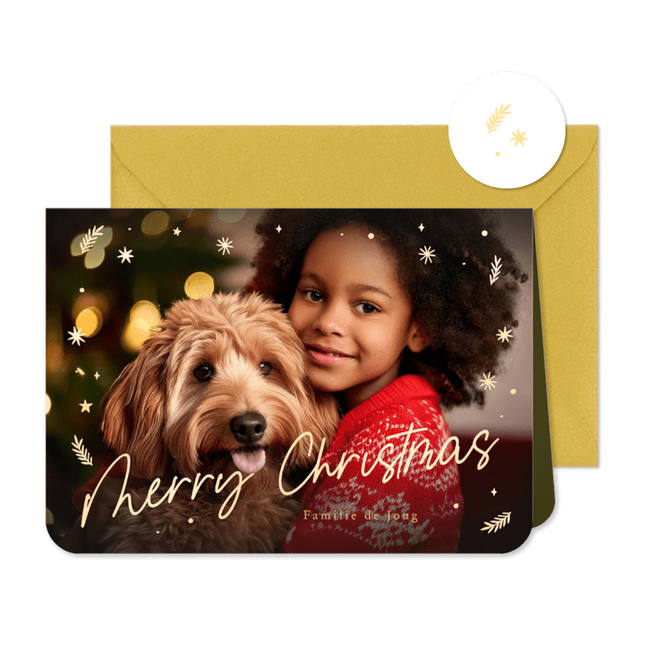 Kerstkaart gouden sterren en grote eigen foto