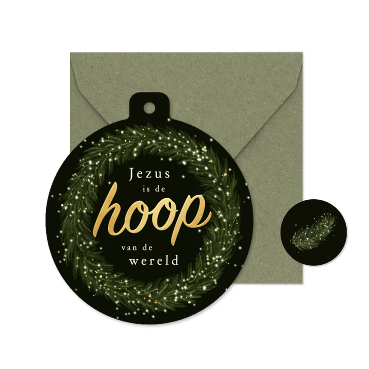 Kerstkaart krans lichtjes christelijk Jezus hoop wereld