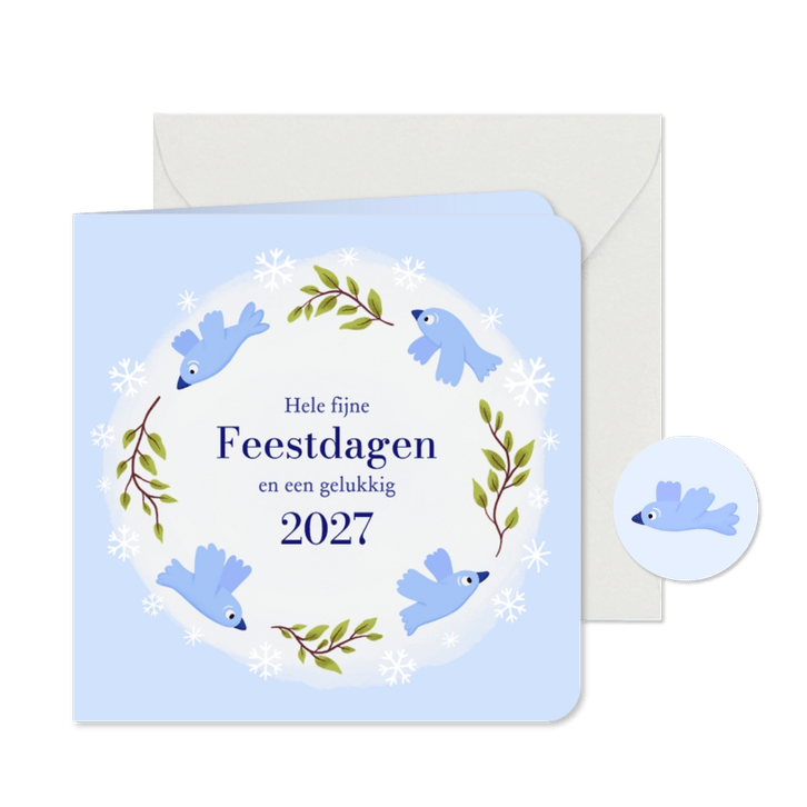 Kerstkaart lieve vogels in blauw