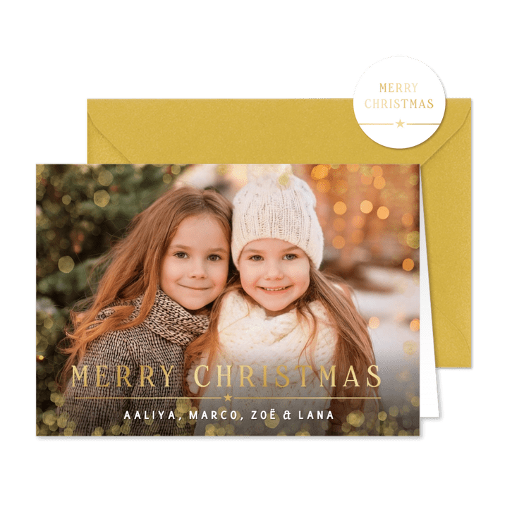Kerstkaart met eigen foto en goudfolie merry christmas