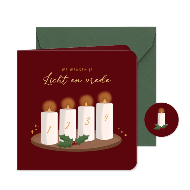 Kerstkaart met illustratie vier advent kaarsen en hulst