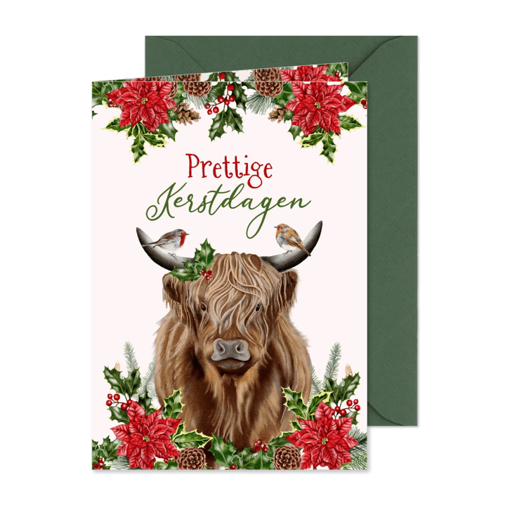 Kerstkaart schotse hooglander met roodborstjes