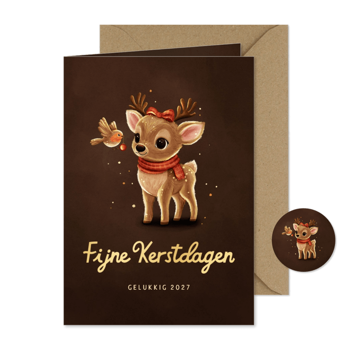 Kerstkaart sprankelend hert met roodborstje fijne kerstdagen