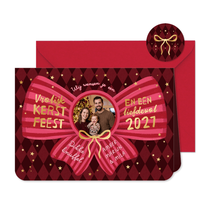 Kerstkaart strik hip roze rood goud sterretjes foto