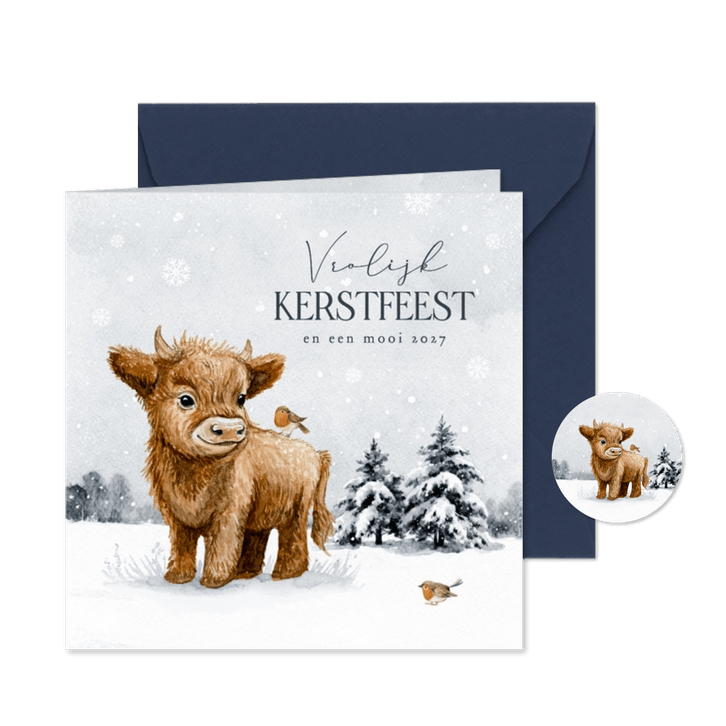 Kerstkaart vrolijk kerstfeest schotse hooglander roodborstje