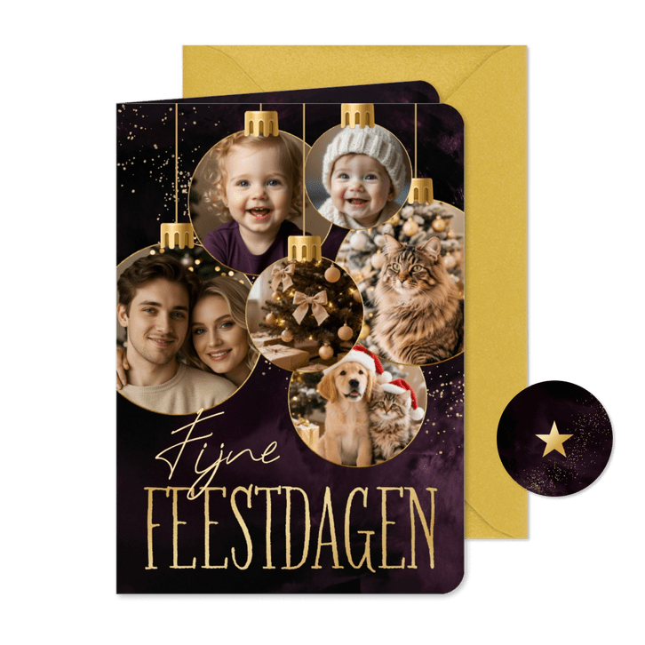 Kerstkaartje fotocollage zes kerstballen met foto