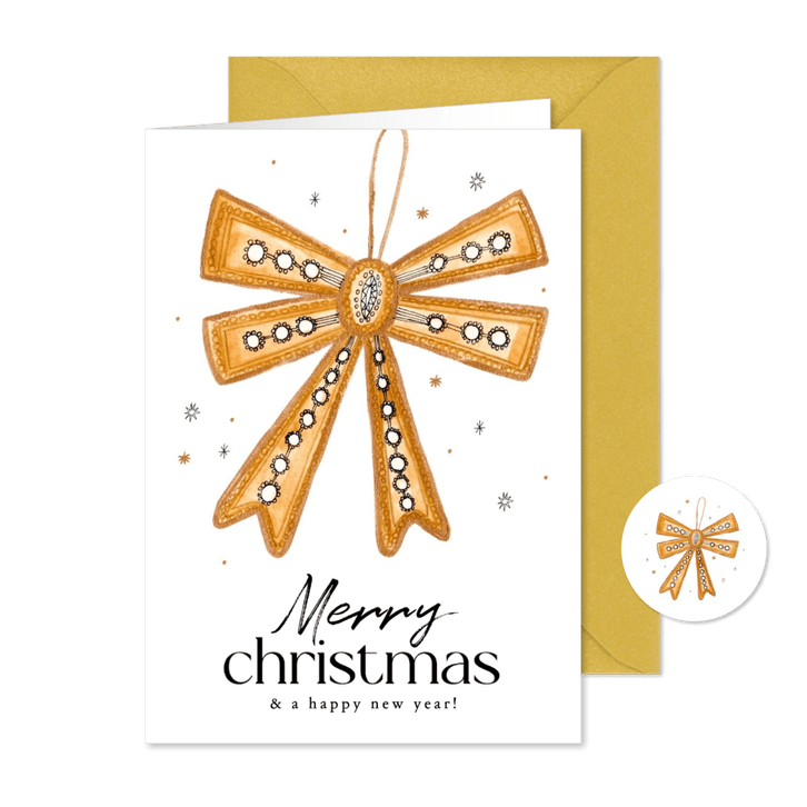 Kerstkaartje gouden strik en sterren Merry Christmas