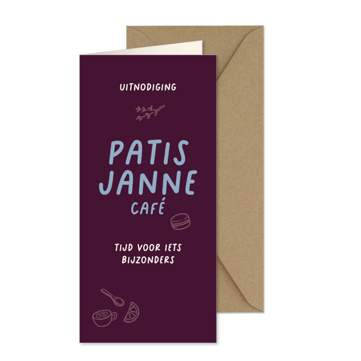 Langwerpige uitnodigingskaart proeverij van Patisjanne