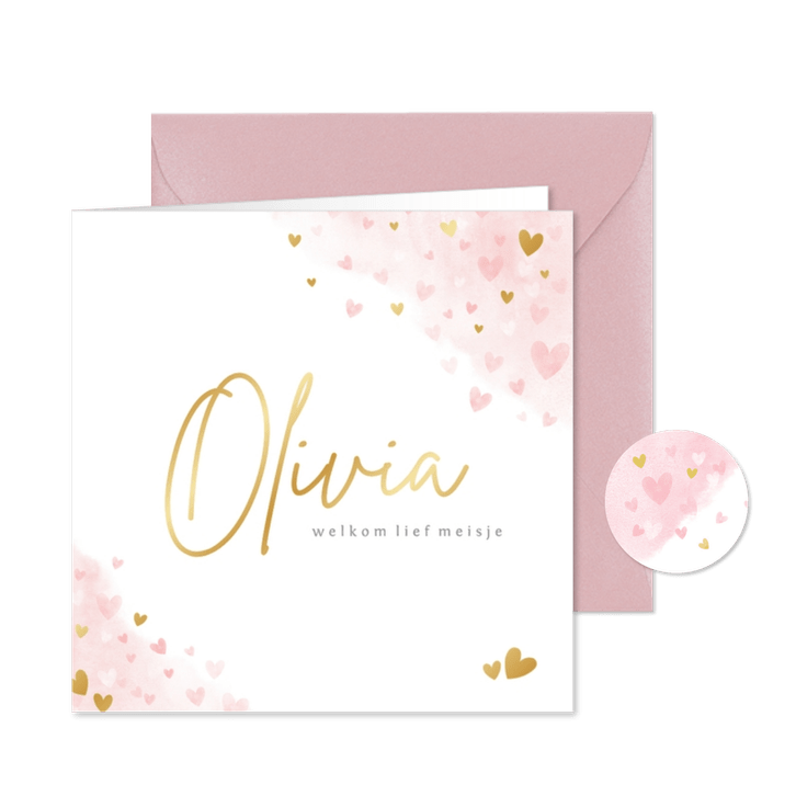 Lief geboortekaartje meisje met roze en gouden hartjes