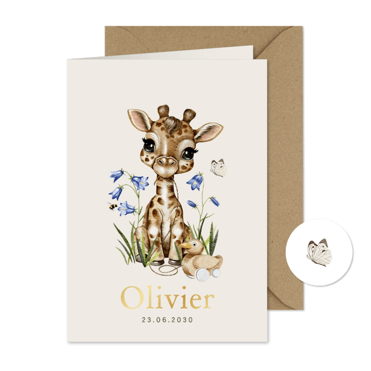 Lief geboortekaartje met giraffe, loopeend, bloemen, vlinder