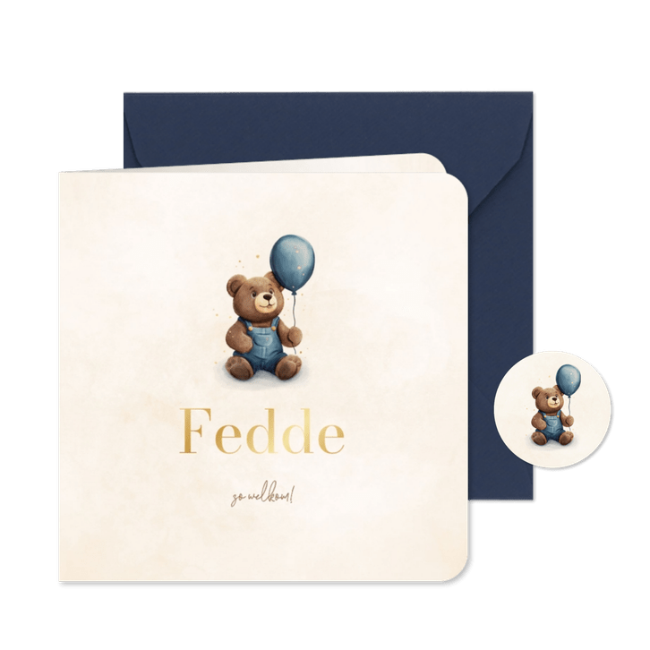 Lief geboortekaartje met teddybeer en blauwe ballon
