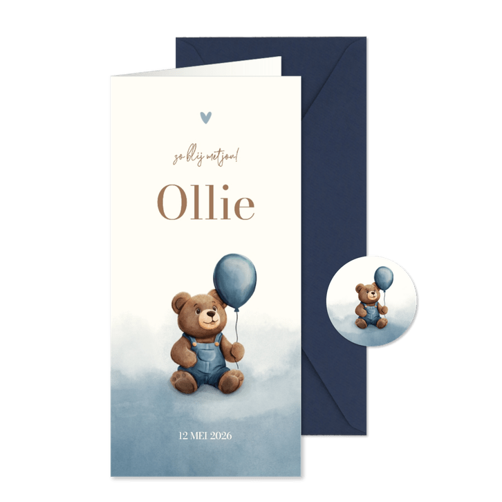 Lief geboortekaartje teddybeer met ballon blauwe waterverf