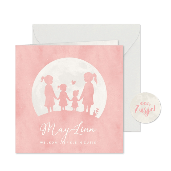 Lief geboortekaartje voor een 4e zusje met silhouetjes