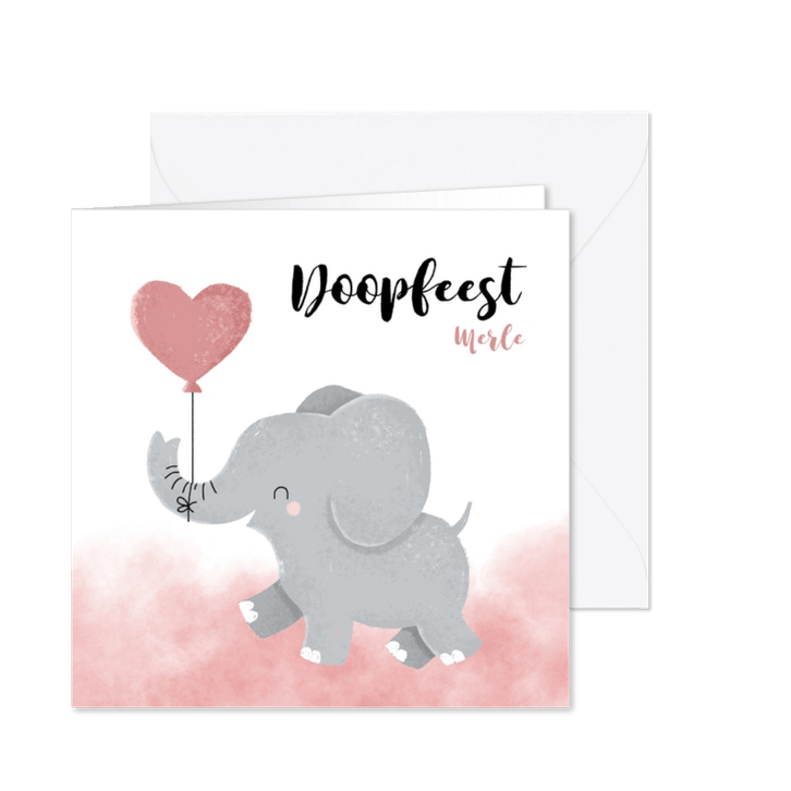 Lieve doopkaart meisje olifantje met ballon en waterverf