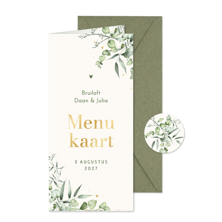 Menukaart bruiloft eucalyptus hoekjes met goud