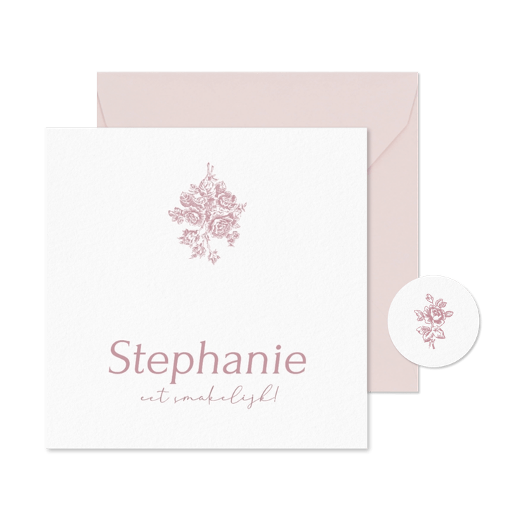 Naamkaartje met vintage roze boeket