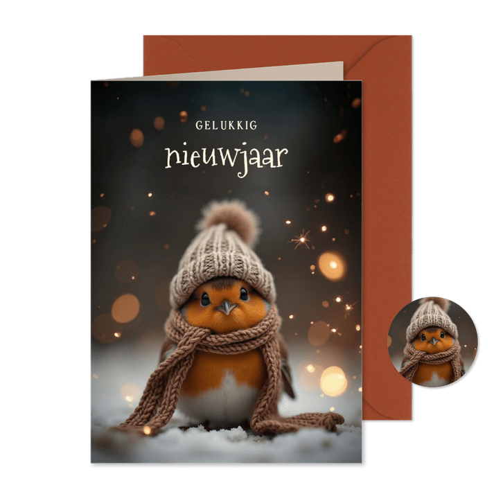Nieuwjaarskaartje met schattig roodborstje en sterren
