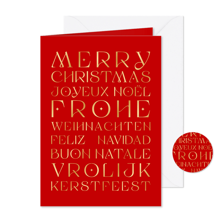 Rode kerstkaart met verschillende talen in goud