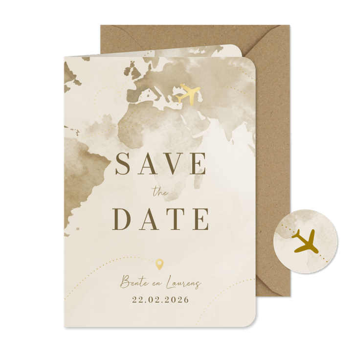 Save the date reisthema waterverf wereld goudfolie vliegtuig
