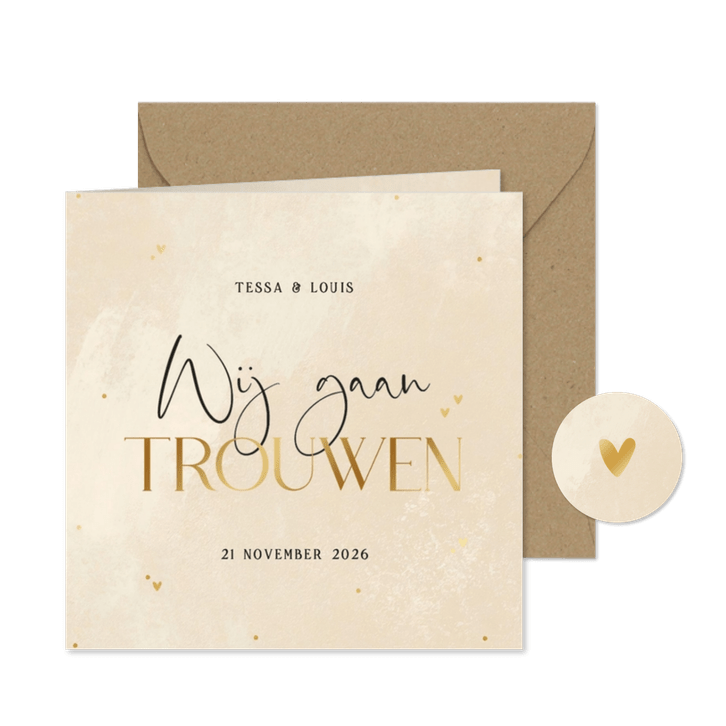 Stijlvolle trouwkaart beige steenlook wij gaan trouwen