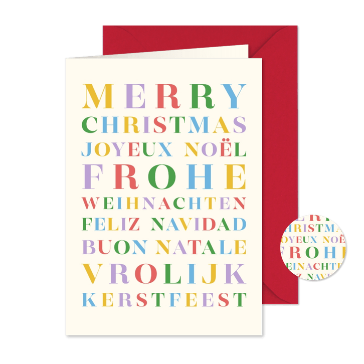 Trendy kerstkaart regenboog typografie diverse talen