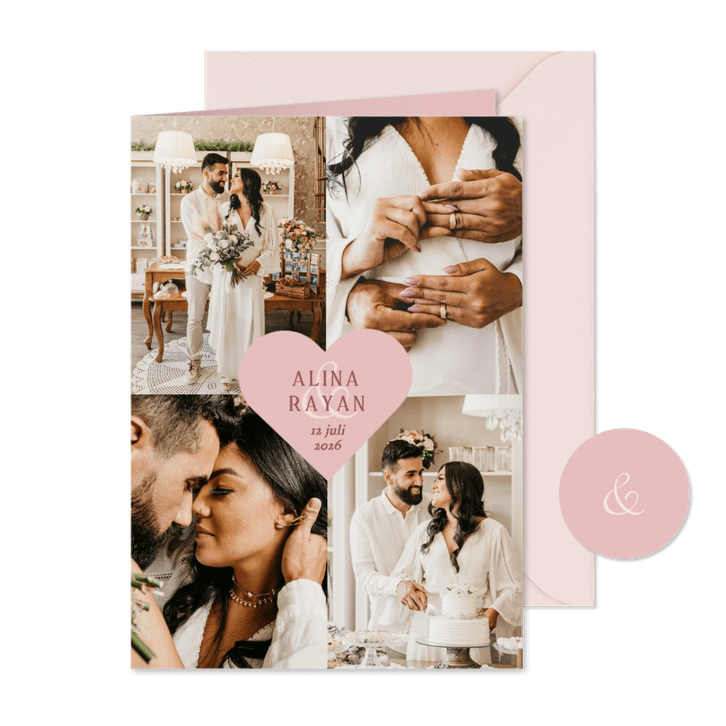 Trouwkaart met foto's bedankt met roze hartje
