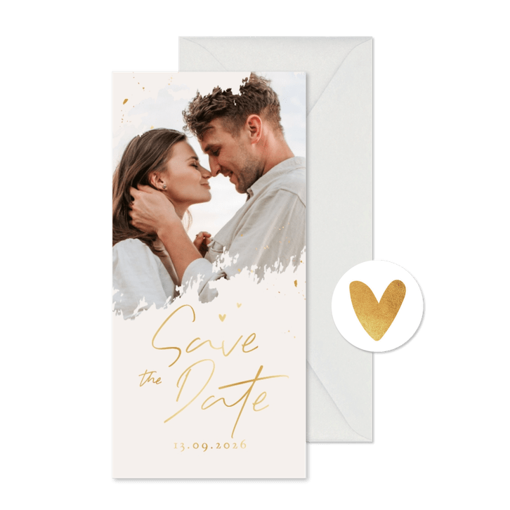 Trouwkaart save the date foto goud persoonlijk