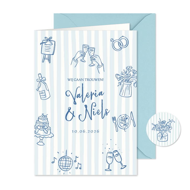 Trouwkaart strepen en illustraties
