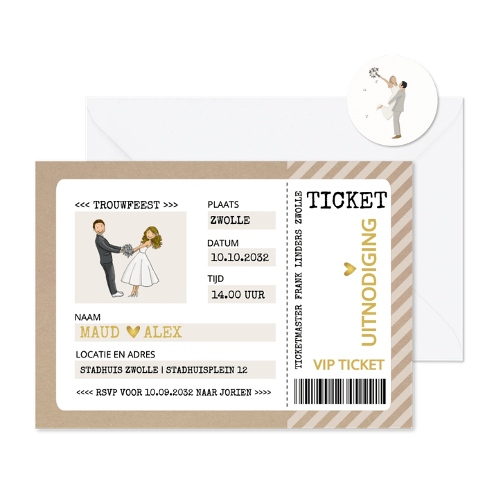 Trouwkaart ticket kraftlook met bruidspaar