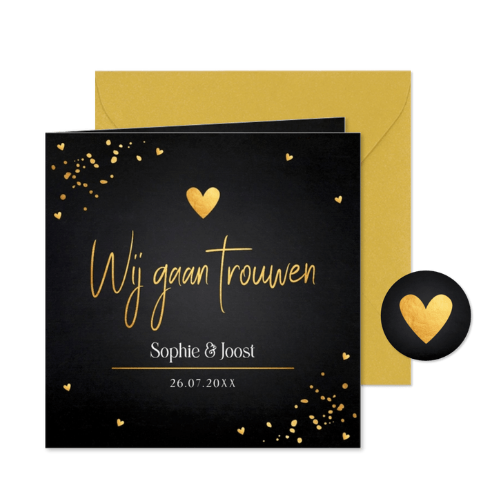 Trouwkaart zwart goudlook hartjes
