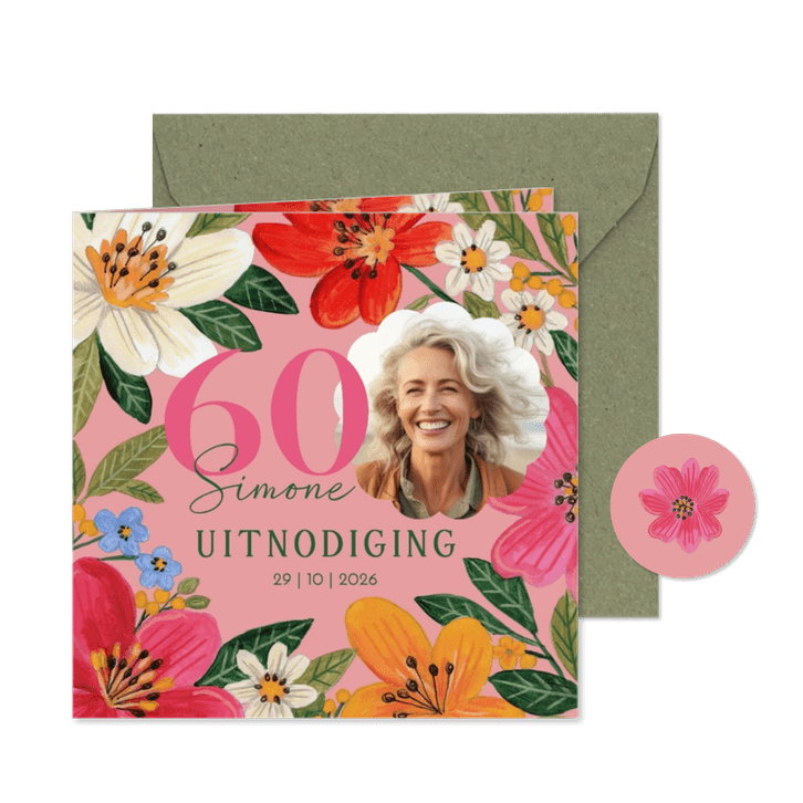 Uitnodiging 60e verjaardag met kleurrijke bloemen