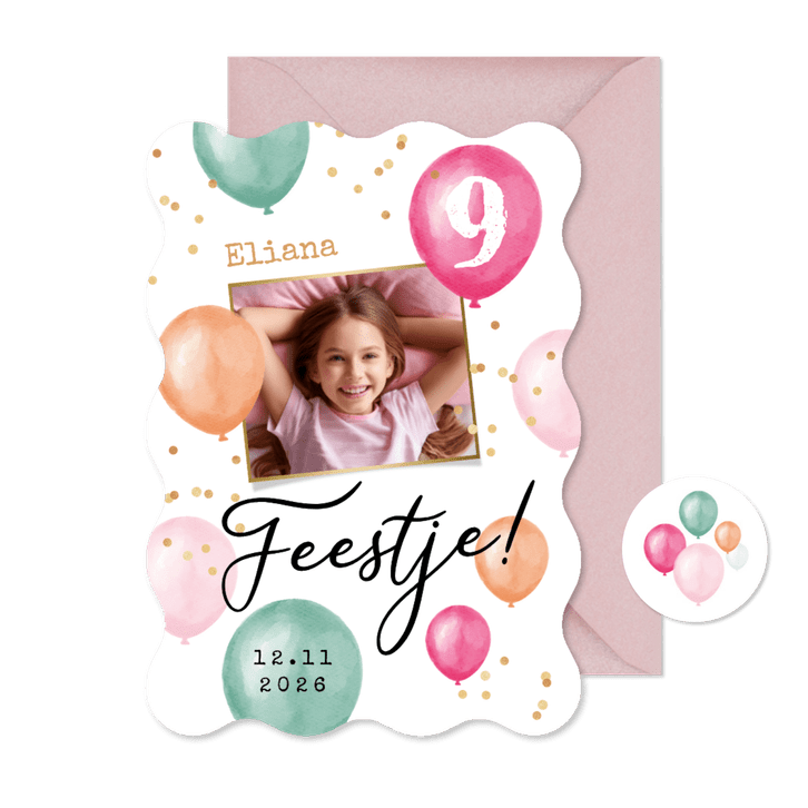 Uitnodiging 9 jaar meisje ballonnen confetti foto feest wave