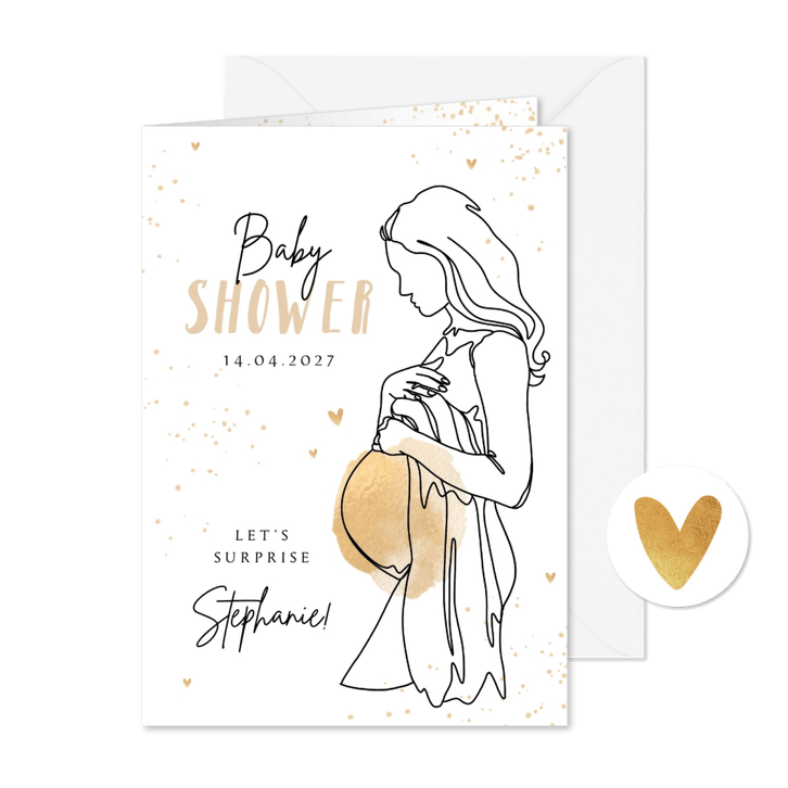 Uitnodiging babyshower line art zwanger goud hartjes