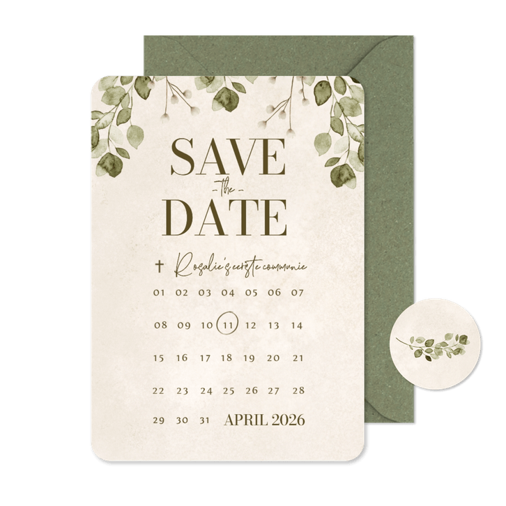 Uitnodiging communie eucalyptus save the date kalender