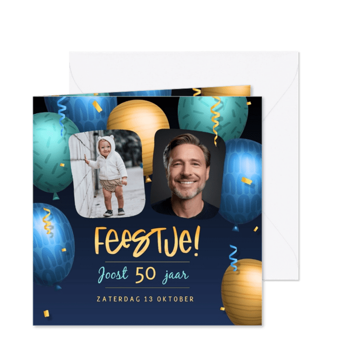 Uitnodiging met eigen foto's en metallic 3d ballonnen