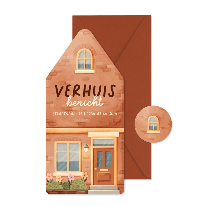 Verhuiskaart in huisvorm huisje met plantjes