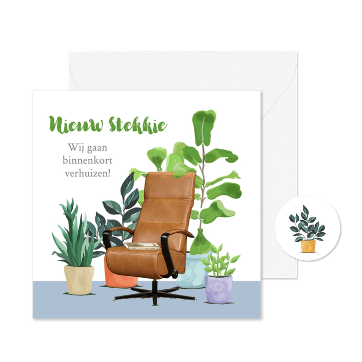 Verhuiskaart met div. planten en relaxfauteuil