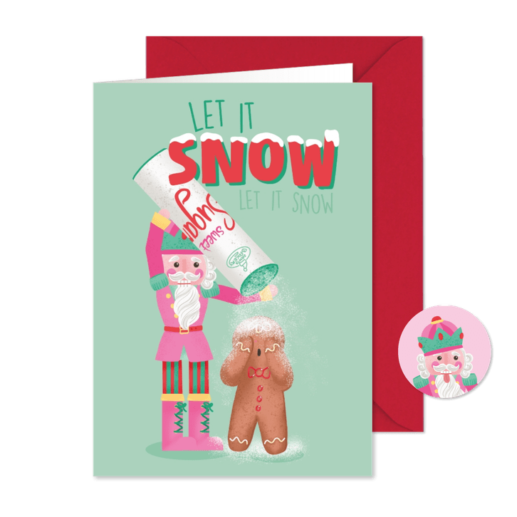 Vrolijke kerstkaart met notenkraker en gemberkoek mannetje