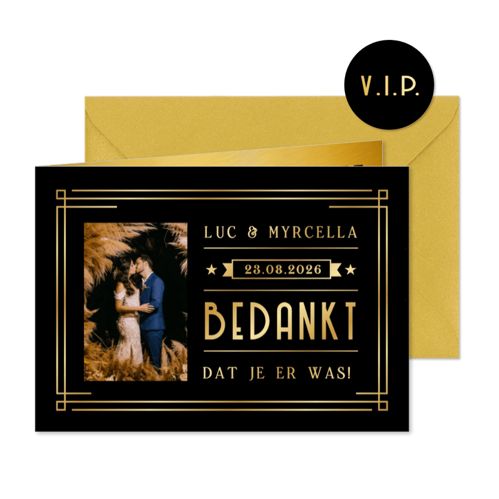 Zwarte bedankkaart trouwen in art-deco stijl met goudfolie